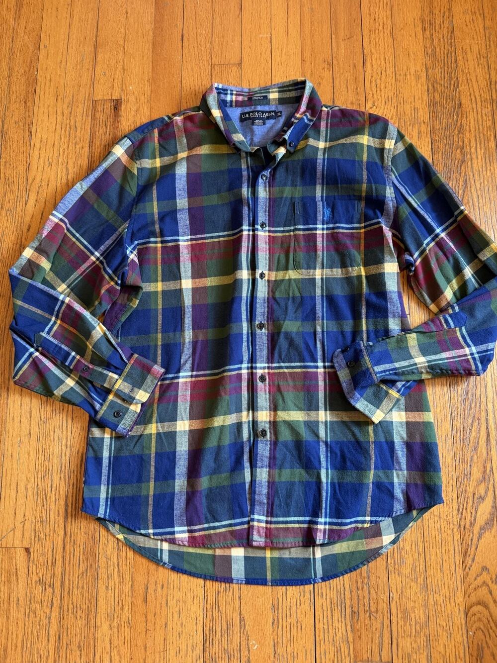 U.S. Polo Assn. Shirt Mens XL Blue Plaid Flannel Stretch Button Front Casual